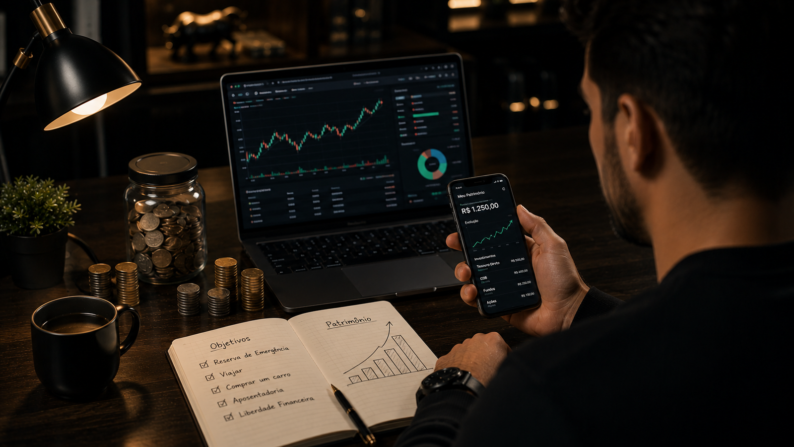 Pessoa começando a investir e planejando sua carteira de investimentos