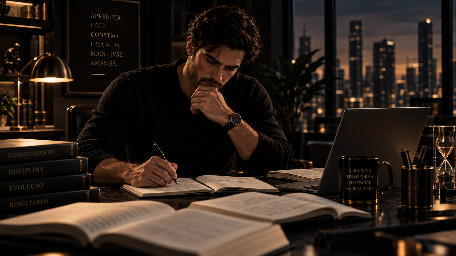 Homem estudando em uma mesa organizada com livros, caderno e notebook, representando concentração, aprendizado e retenção de conhecimento.