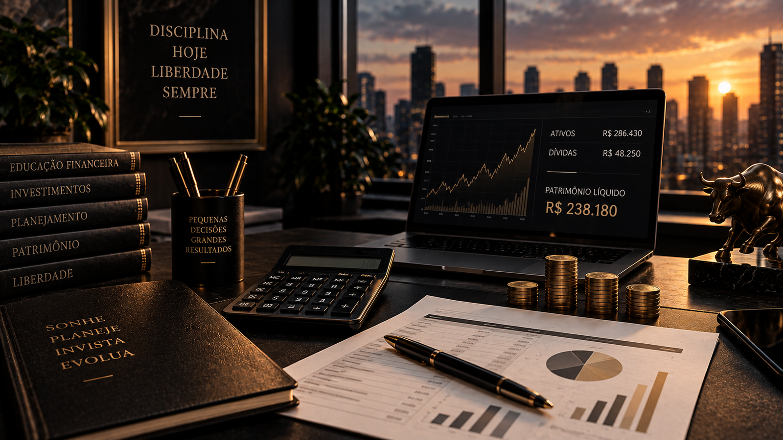 Mesa de planejamento financeiro com calculadora, caderno, moedas e gráficos representando o cálculo do patrimônio líquido.