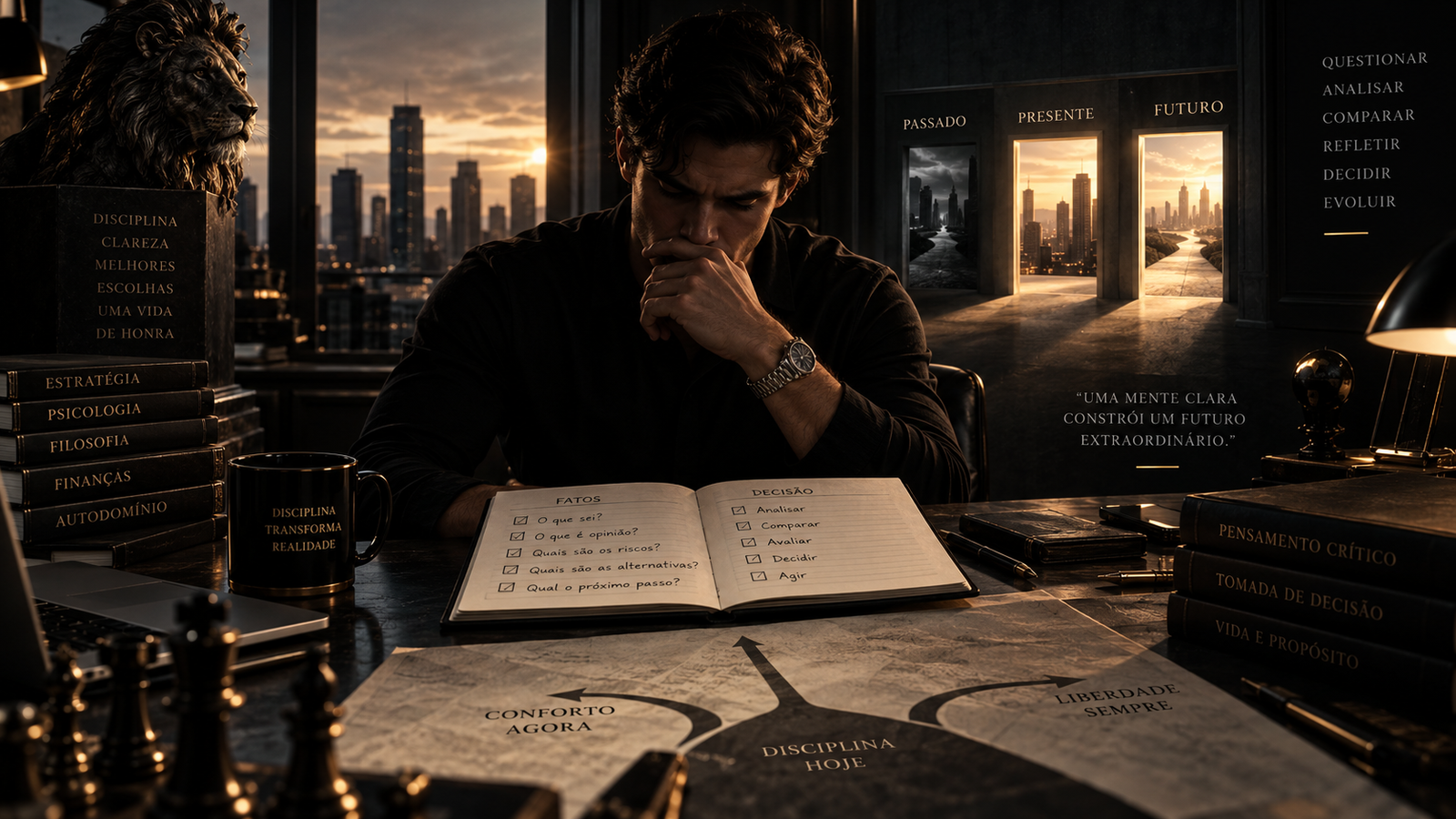 Homem refletindo diante de livros e diferentes caminhos, representando o pensamento crítico e a tomada de decisões melhores.