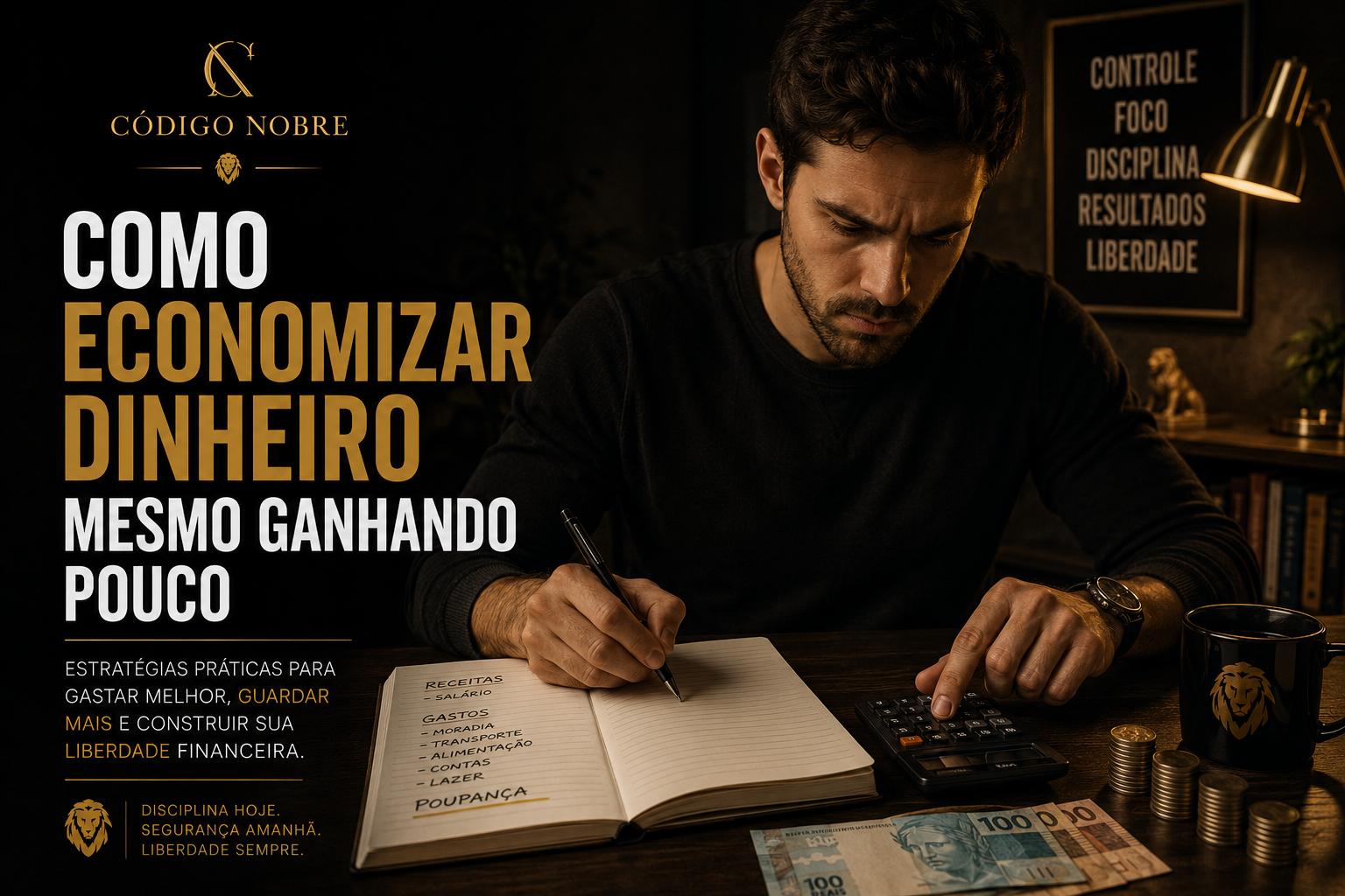 Homem organizando as finanças e planejando como economizar dinheiro ganhando pouco