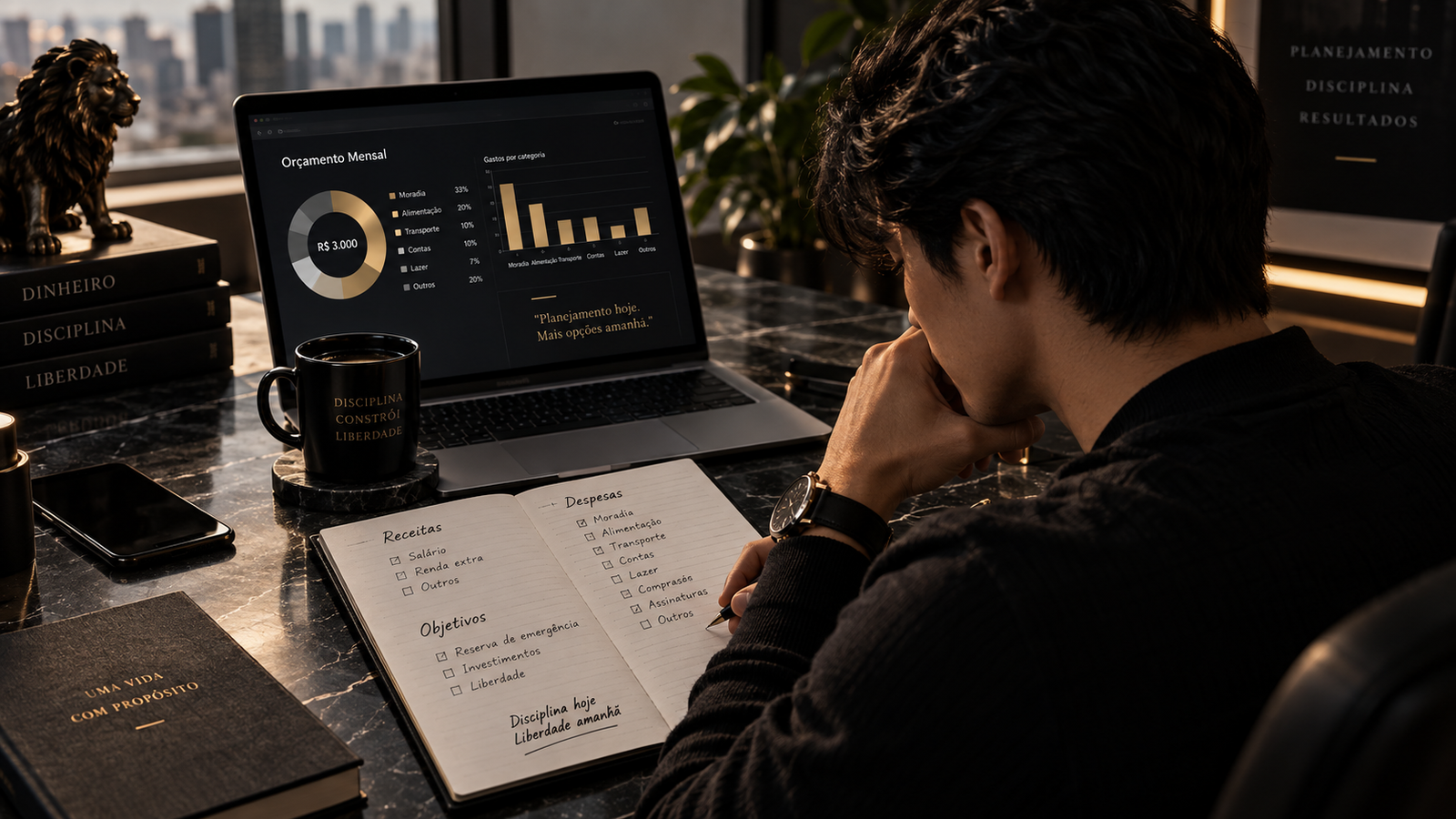 Homem organizando orçamento mensal e planejando suas finanças pessoais