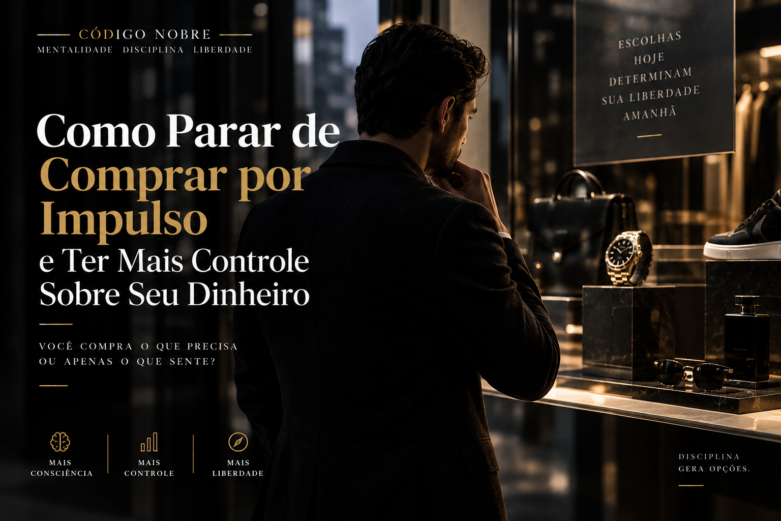 Homem refletindo antes de fazer uma compra por impulso