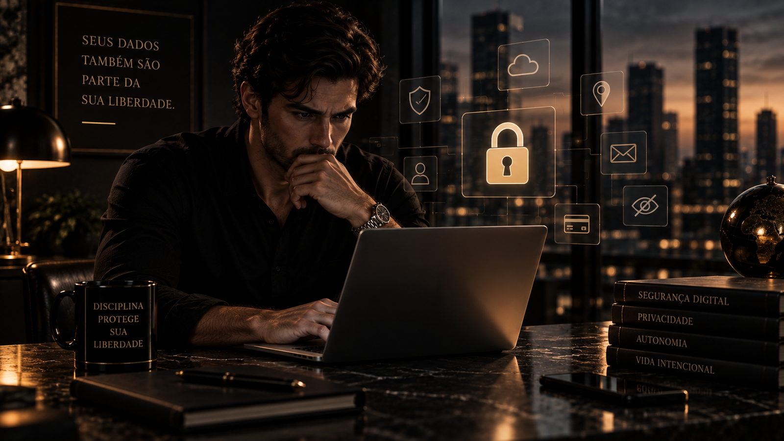 Homem utilizando um notebook em ambiente escuro com símbolos de segurança digital, representando a proteção da privacidade online.
