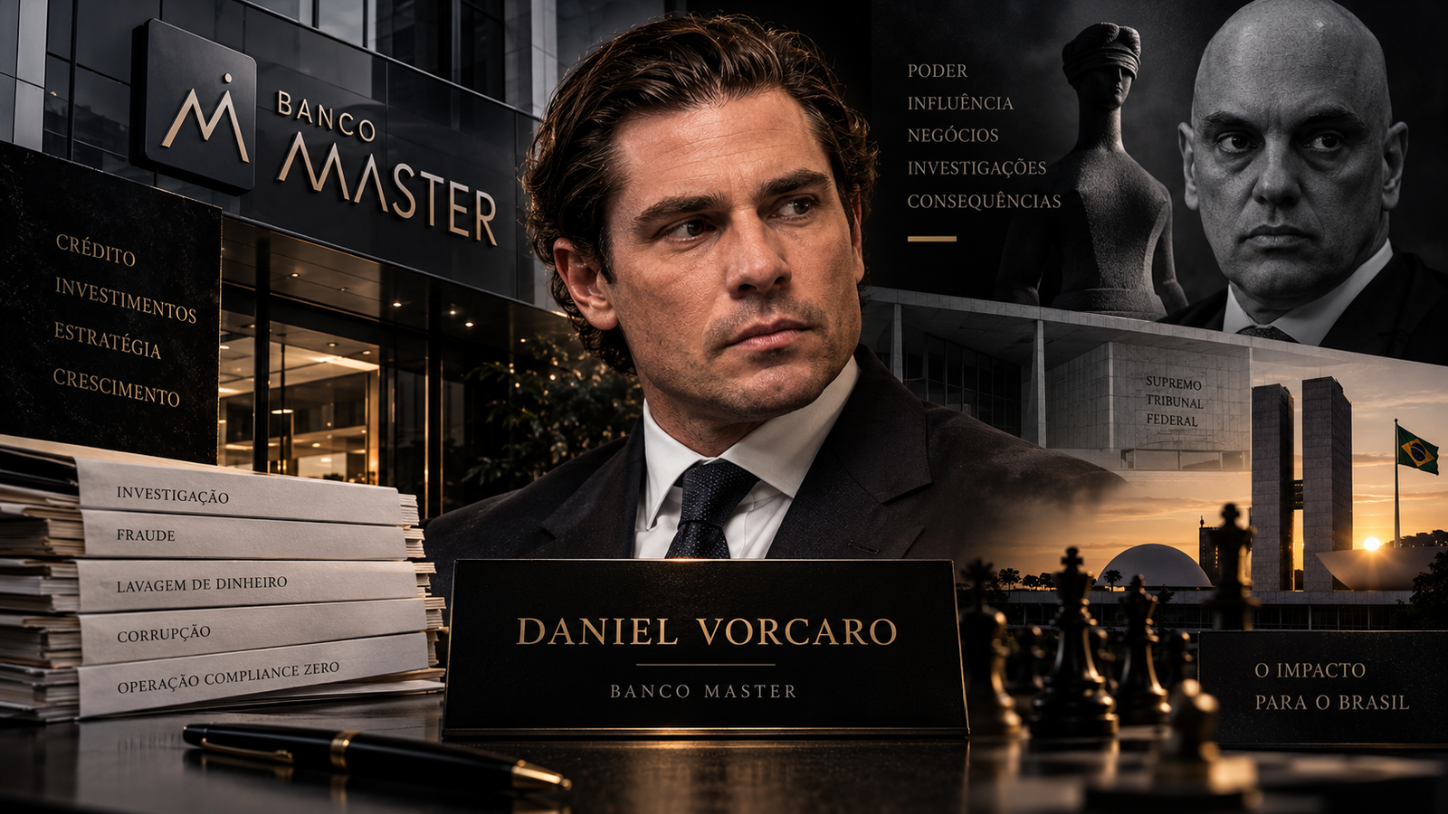 Composição editorial sobre Daniel Vorcaro, o Banco Master e as investigações relacionadas ao escândalo financeiro.