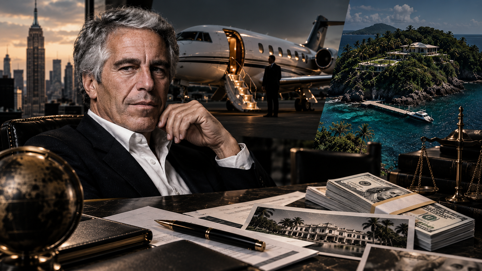 Imagem editorial sobre a fortuna de Jeffrey Epstein, com retrato, jato particular, mansão, dinheiro, documentos financeiros e símbolos de poder econômico.