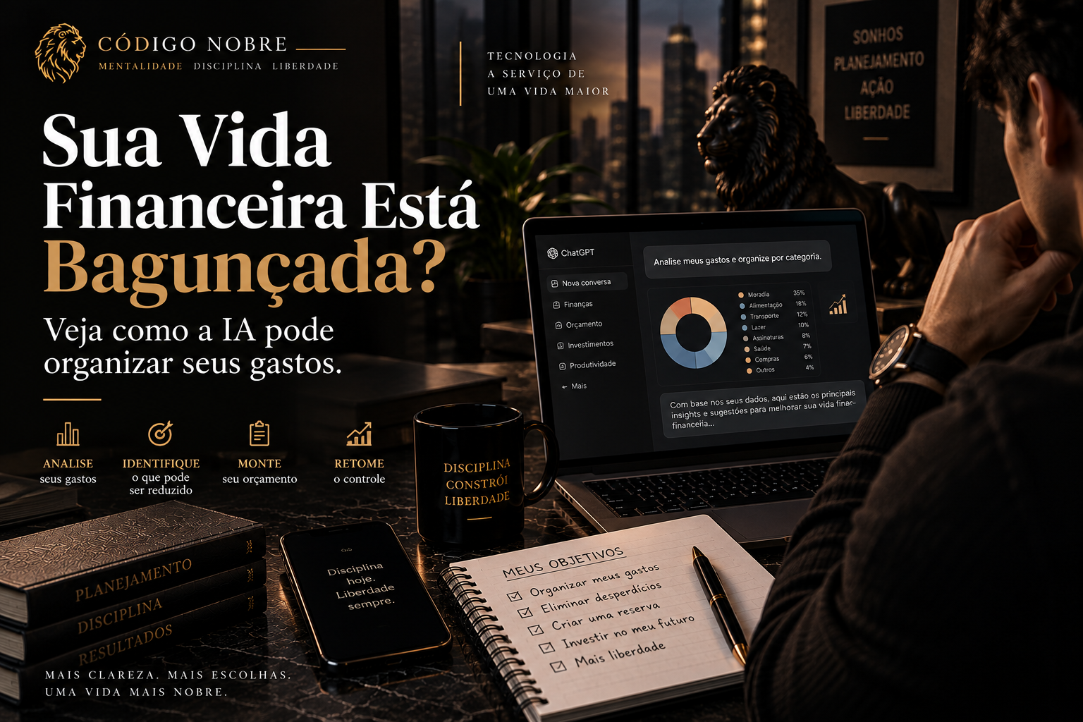 Homem usando inteligência artificial para organizar seus gastos e finanças pessoais
