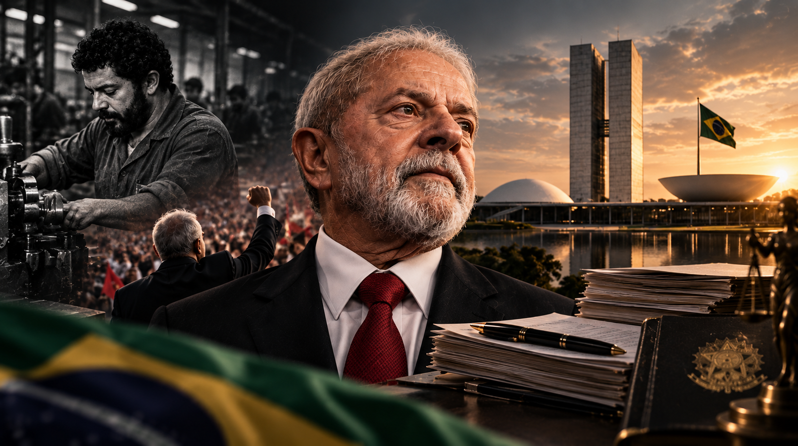 Lula em composição editorial sobre sua trajetória profissional, carreira política e patrimônio declarado ao TSE em 2026