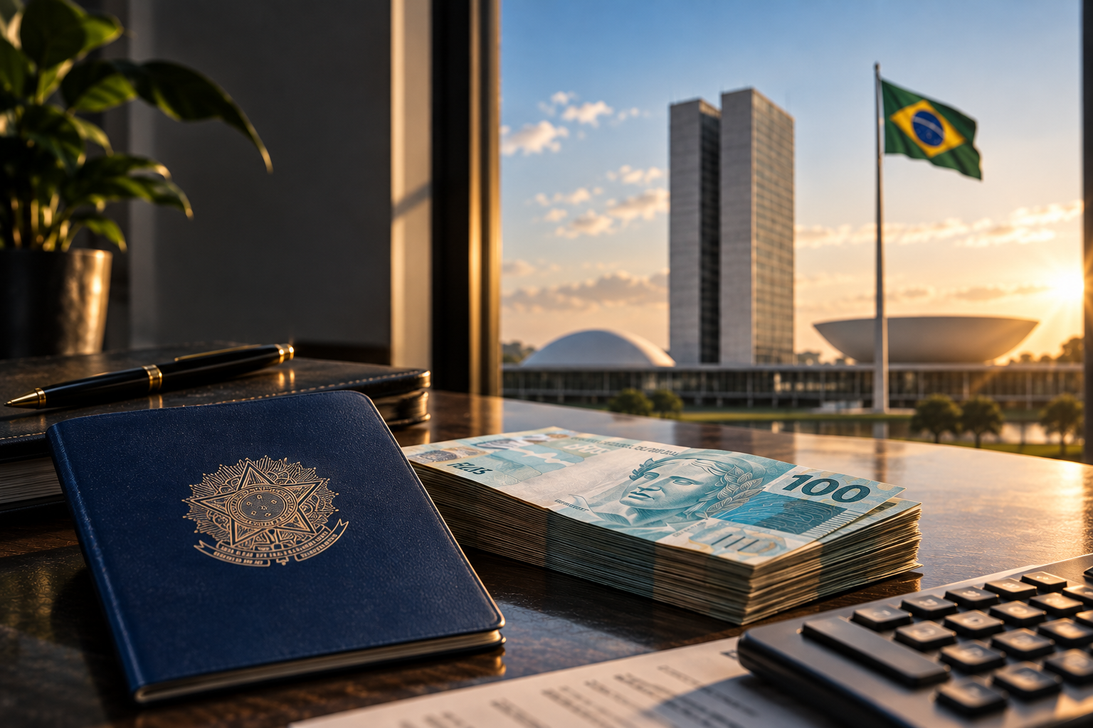Imagem editorial sobre o salário mínimo de 2026, com dinheiro, calculadora, carteira de trabalho e o Congresso Nacional ao fundo.