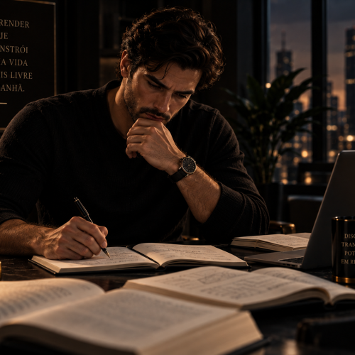 Homem estudando em uma mesa organizada com livros, caderno e notebook, representando concentração, aprendizado e retenção de conhecimento.