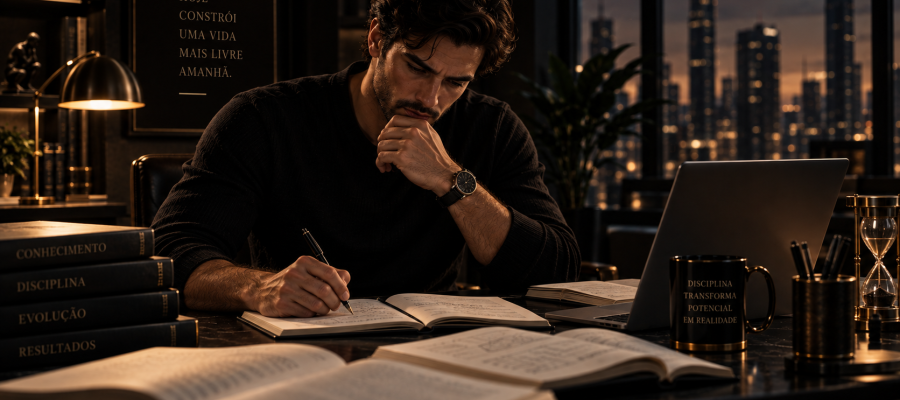 Homem estudando em uma mesa organizada com livros, caderno e notebook, representando concentração, aprendizado e retenção de conhecimento.