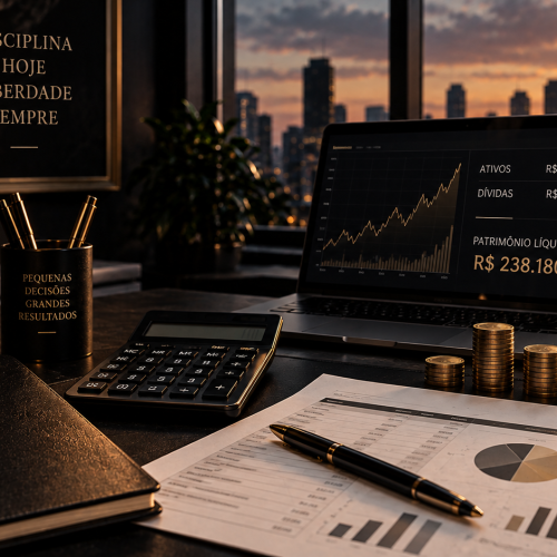 Mesa de planejamento financeiro com calculadora, caderno, moedas e gráficos representando o cálculo do patrimônio líquido.