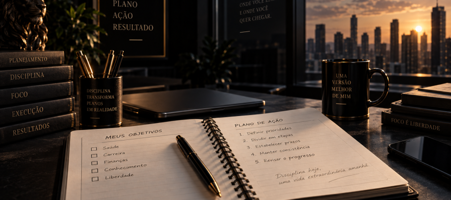 Mesa elegante com planner aberto, caneta e planejamento de metas para transformar objetivos em ações