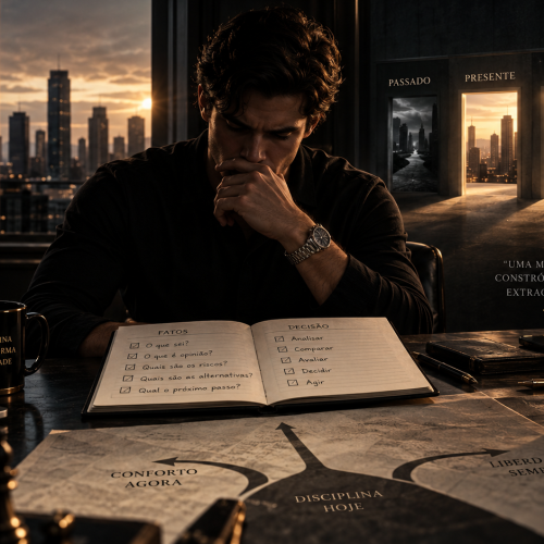 Homem refletindo diante de livros e diferentes caminhos, representando o pensamento crítico e a tomada de decisões melhores.