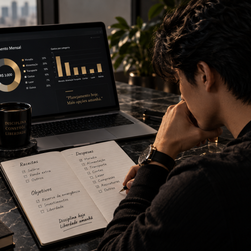 Homem organizando orçamento mensal e planejando suas finanças pessoais