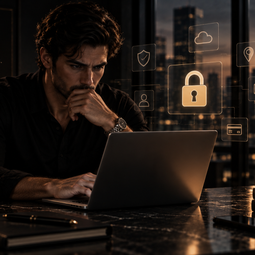 Homem utilizando um notebook em ambiente escuro com símbolos de segurança digital, representando a proteção da privacidade online.