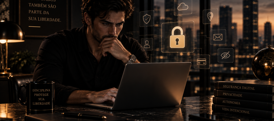 Homem utilizando um notebook em ambiente escuro com símbolos de segurança digital, representando a proteção da privacidade online.