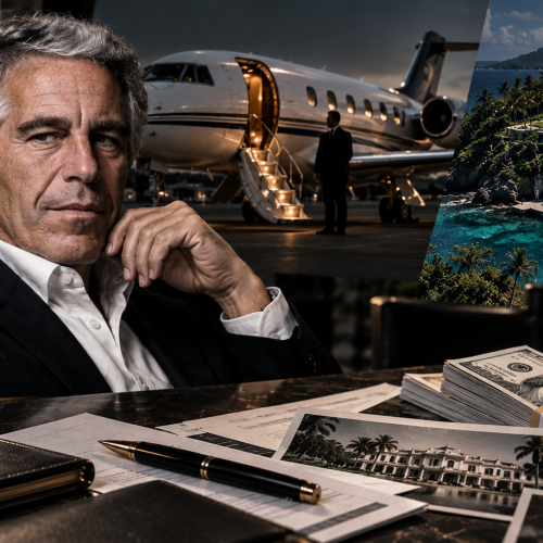 Imagem editorial sobre a fortuna de Jeffrey Epstein, com retrato, jato particular, mansão, dinheiro, documentos financeiros e símbolos de poder econômico.