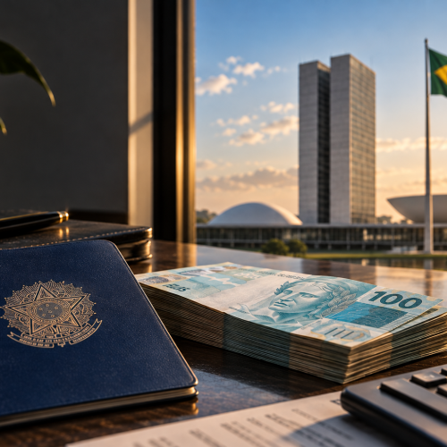 Imagem editorial sobre o salário mínimo de 2026, com dinheiro, calculadora, carteira de trabalho e o Congresso Nacional ao fundo.